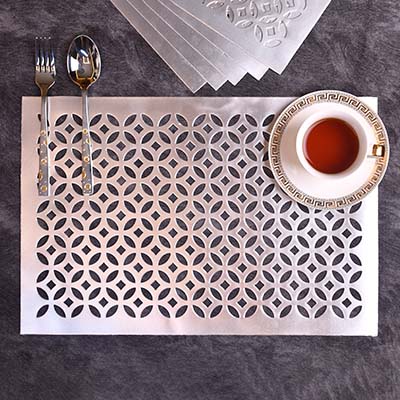 Designer Table mats PU Leather , Flower pattern , Silver (Set of 6)