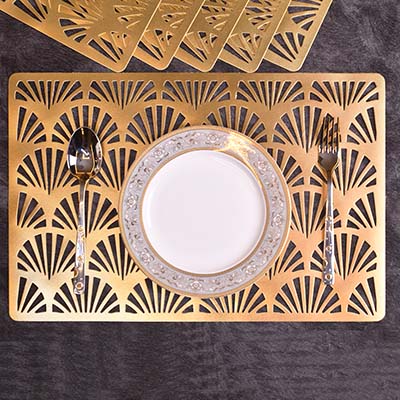 Designer Table mats PU Leather , Semi circle pattern , Gold (Set of 6)