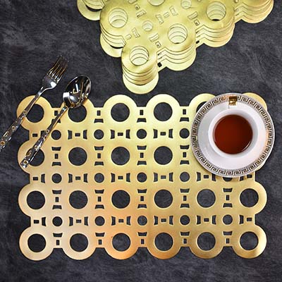 Designer Table mats PU Leather , Circle pattern , Gold (Set of 6)