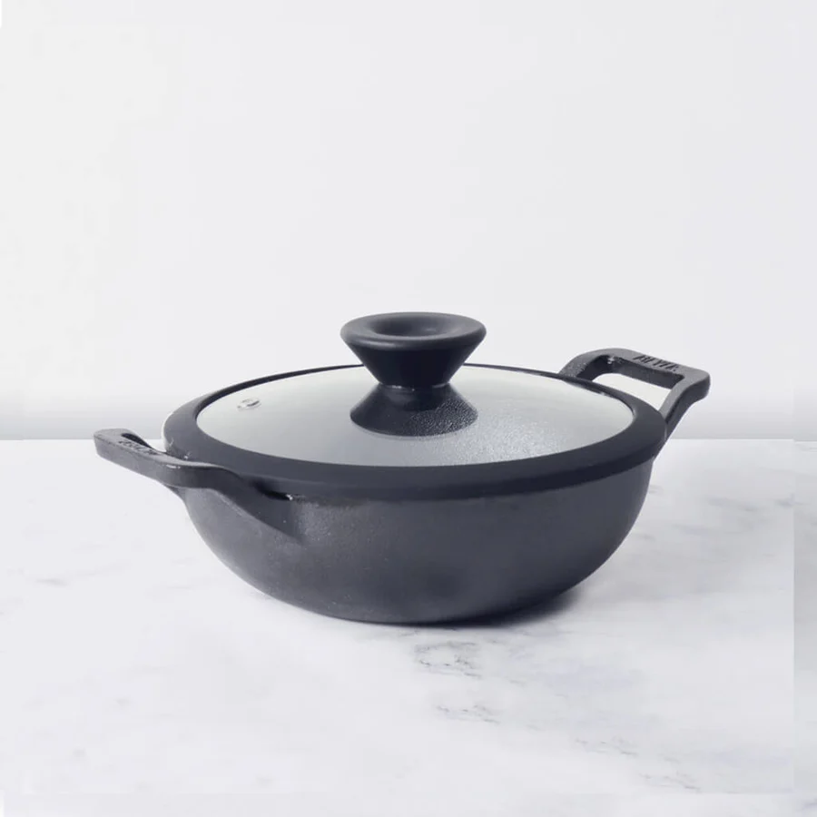 MEYER Pre Seasoned Cast Iron shallow Kadai With Glass Lid 24cm