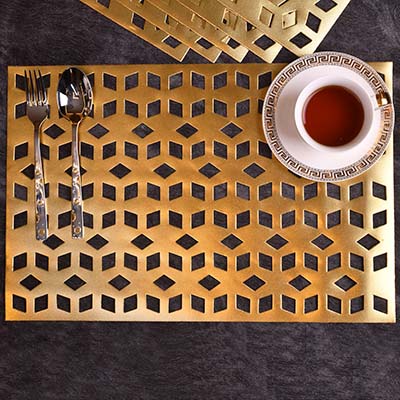 Designer Table mats PU Leather , Square pattern , Gold (set of 6)