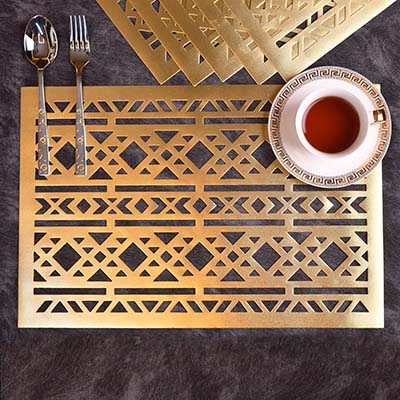 Designer Table mats PU Leather , Micro triangle , Gold (set of 6)