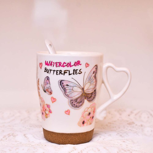 Ceramic Mug with spoon ROSE Butterfly 360 ML