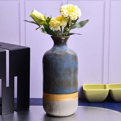 Flower vase ceramic Cylinder Blue and Cream