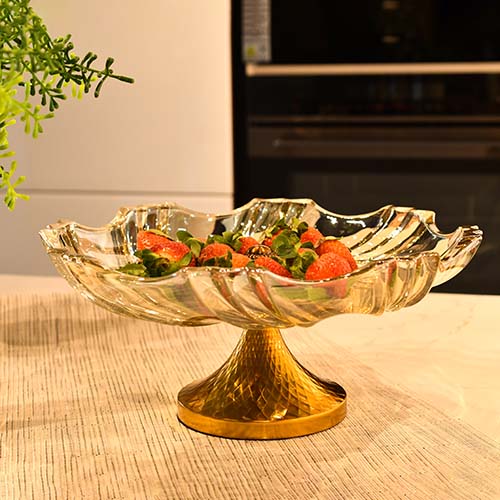 Fruit bowl crystal deep with gold tint and gold stand