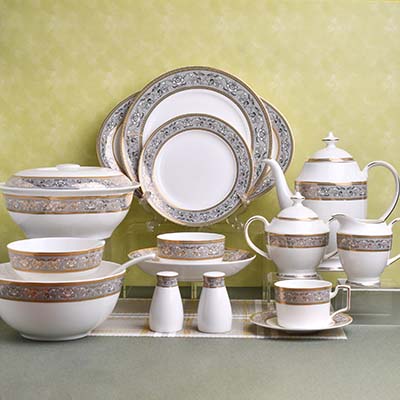 GLANCE Premium dinner set of 60 PC | Bone china | Gold line and grey | England design