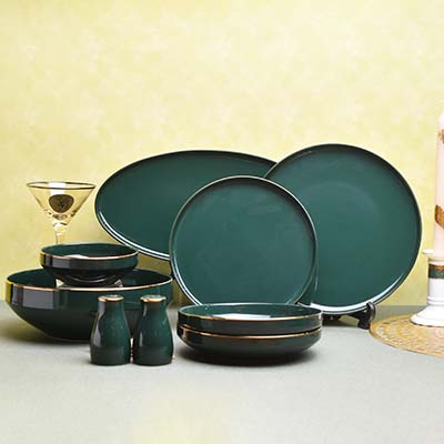 GOLDEN HOUSE Premium Dinner set of 29 PC | Bone china | Green and gold line 