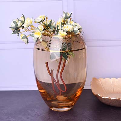 Flower vase wide Brown with Gold line 