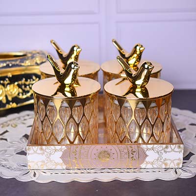 Acrylic Airtight food canister set of 5 with Designer tray Gold bird lid