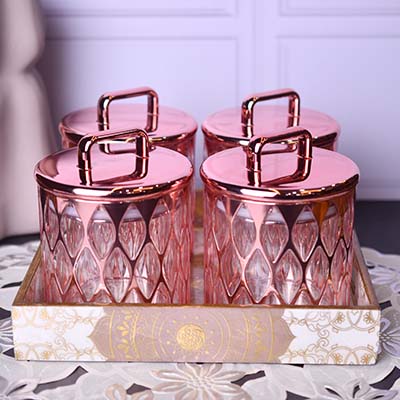 Acrylic Airtight food canister set of 5 with Designer tray Rose gold