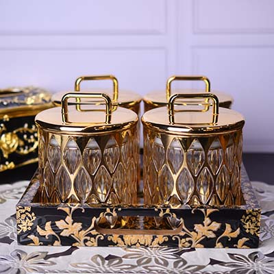 Acrylic Airtight food canister set of 5 with Designer tray Gold