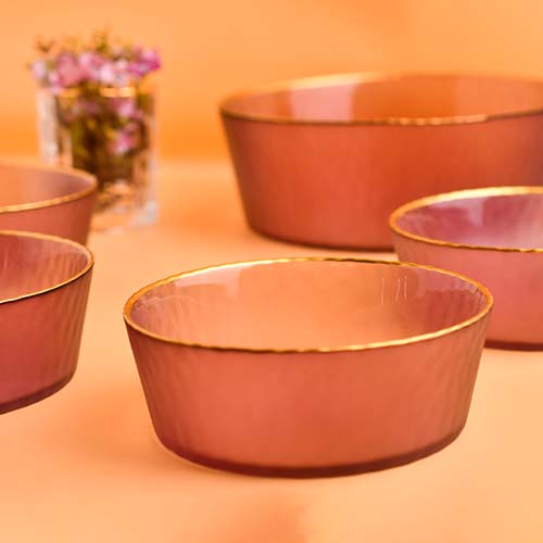 Bowl glass 7 PC set Light mulberry shade with gold rim