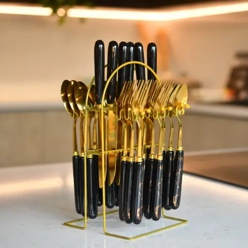 Cutlery set with stand Black and Gold