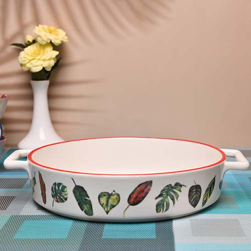 Dish Round Large with handle leef print