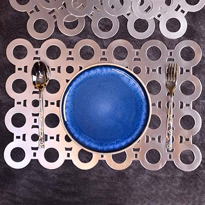 Designer Table mats PU Leather , circle pattern , Silver (Set of