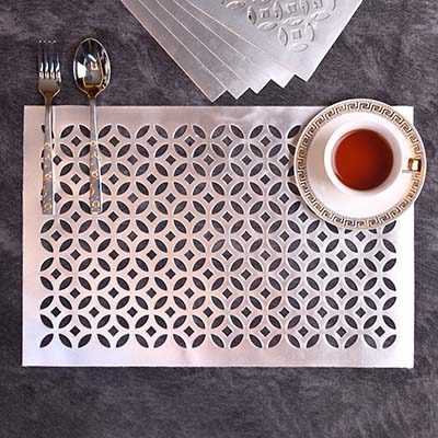 Designer Table mats PU Leather , Flower pattern , Silver (Set of