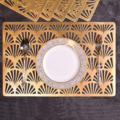 Designer Table mats PU Leather , Semi circle pattern , Gold (Set