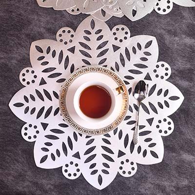 Designer Table mats PU Leather , Flower Shape , Silver (set of 6