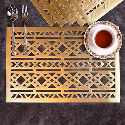 Designer Table mats PU Leather , Micro triangle , Gold (set of 6