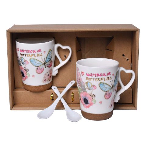 Ceramic Mug with spoon BLUE Butterfly 360 ML