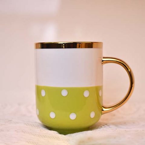 Coffee Mug White and Green with Gold handle