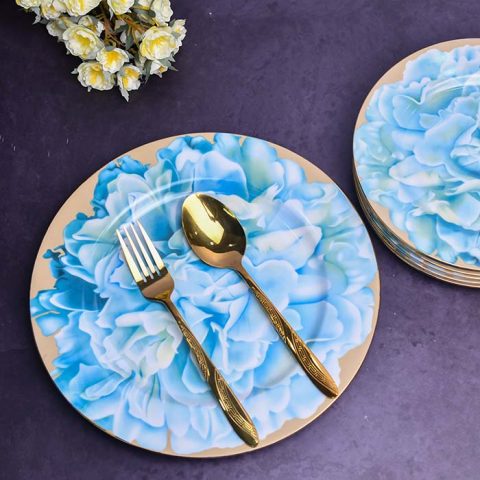 CERAMIC snack set | 7 pc set | Blue floral design with gold line