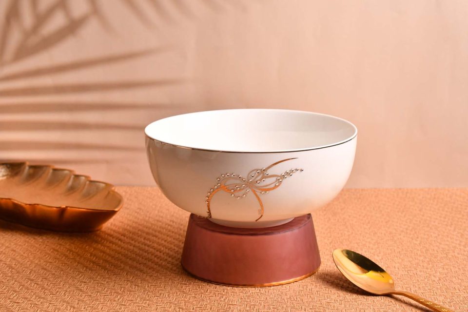 Bowl white with Golden decal and stone work | 7.5 inches | - photo 2