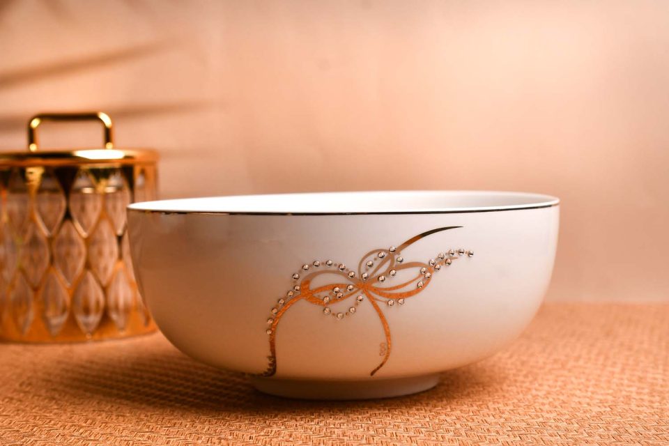 Bowl white with Golden decal and stone work | 7.5 inches | - photo 1