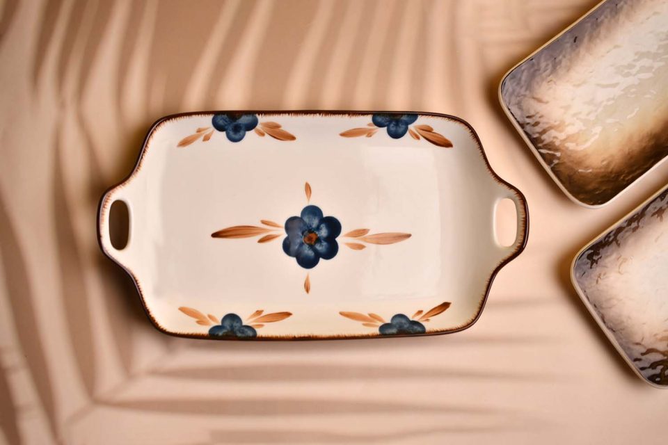 Ceramic Platter with handle Blue flower print - photo 2