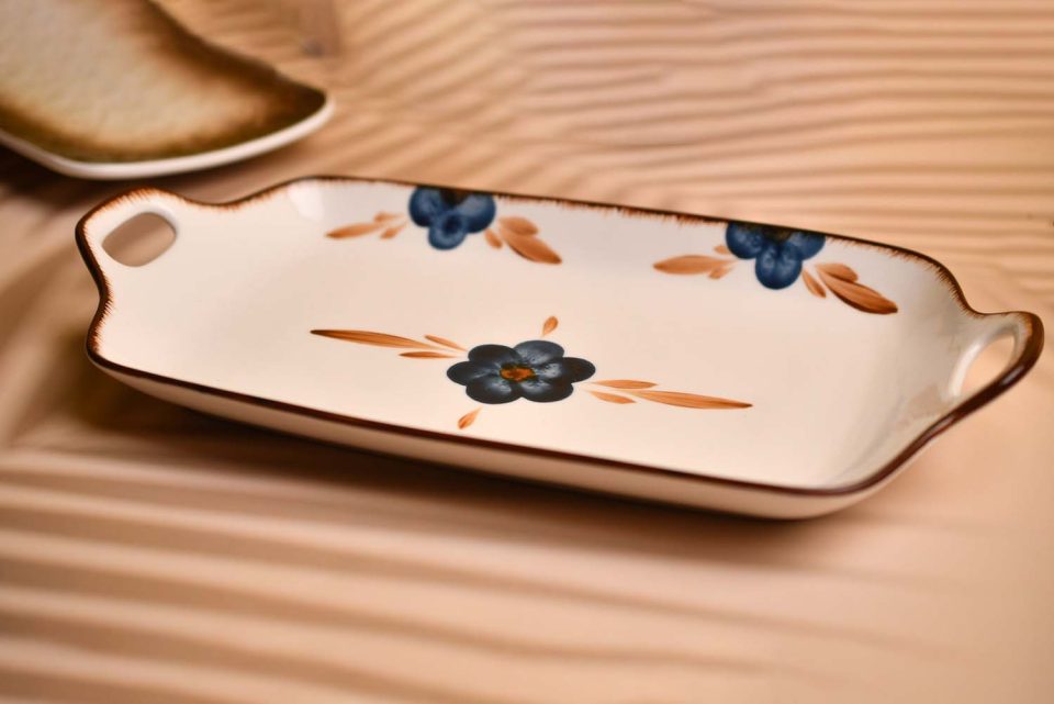 Ceramic Platter with handle Blue flower print - photo 3