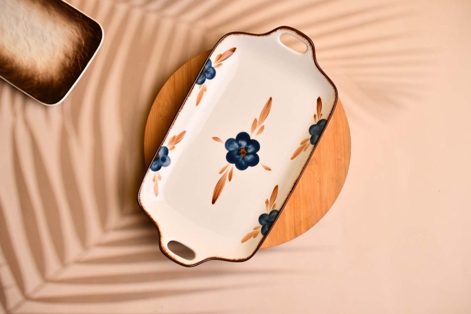 Ceramic Platter with handle Blue flower print - photo 1
