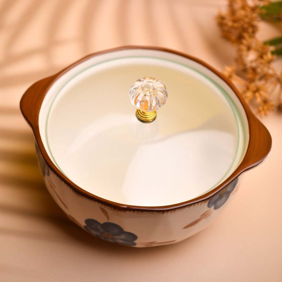 Ceramic Bowl with Glass lid | Medium | Blue flower print - photo 1