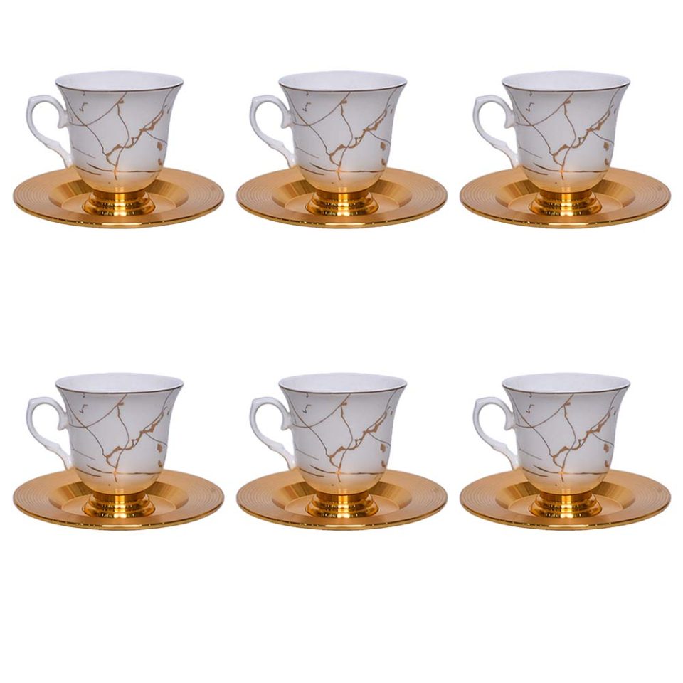 White Coffee Cup and Saucer Set | Features a gold line pattern | - photo 8