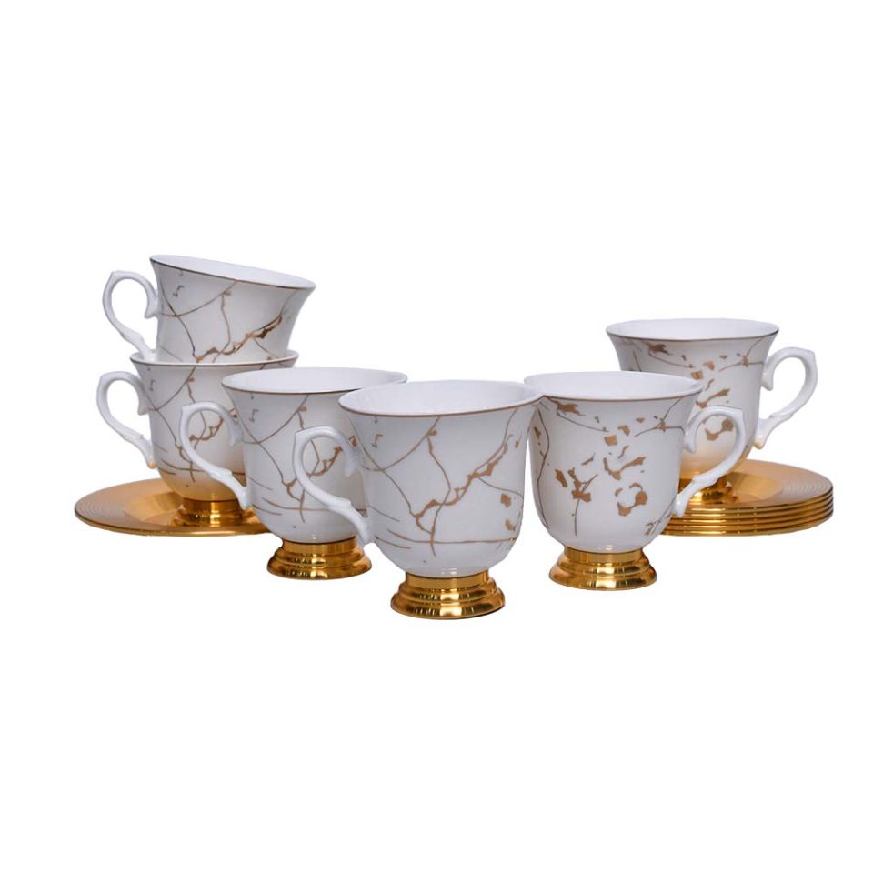 White Coffee Cup and Saucer Set | Features a gold line pattern | - photo 7