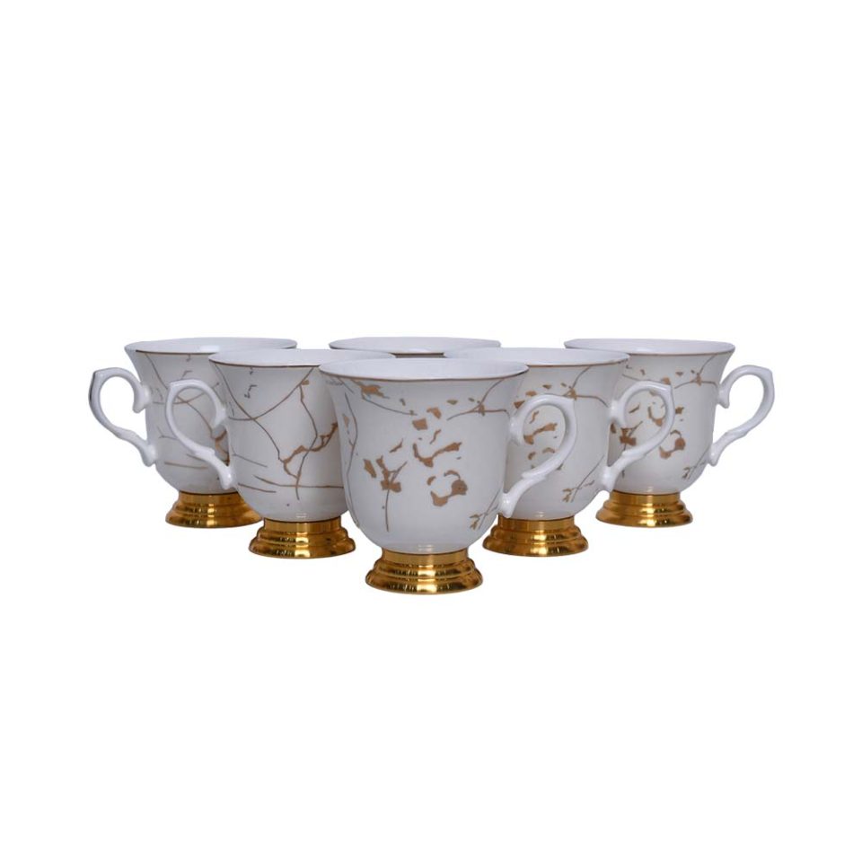 White Coffee Cup and Saucer Set | Features a gold line pattern | - photo 6