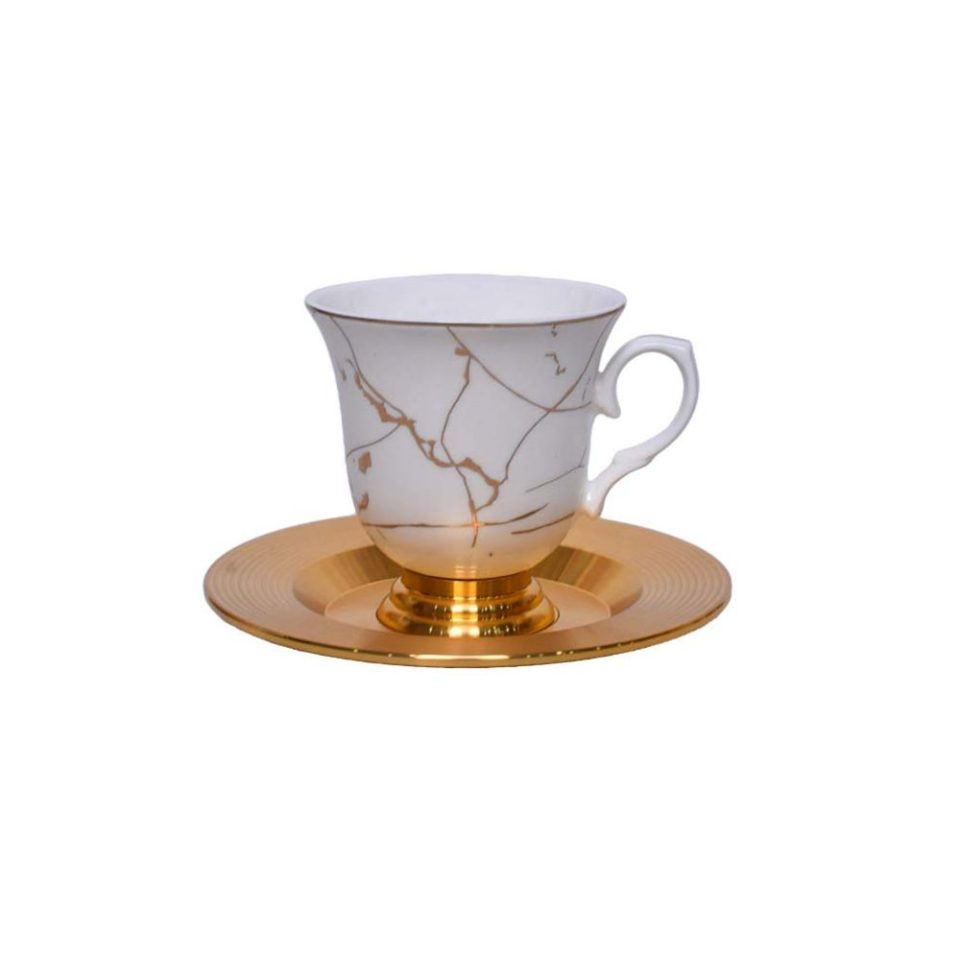 White Coffee Cup and Saucer Set | Features a gold line pattern | - photo 5