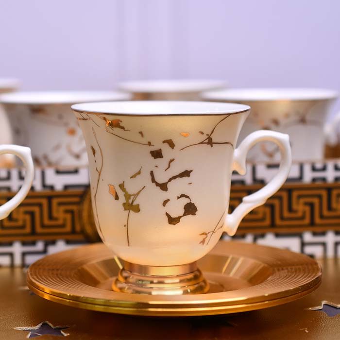 White Coffee Cup and Saucer Set | Features a gold line pattern | - photo 3