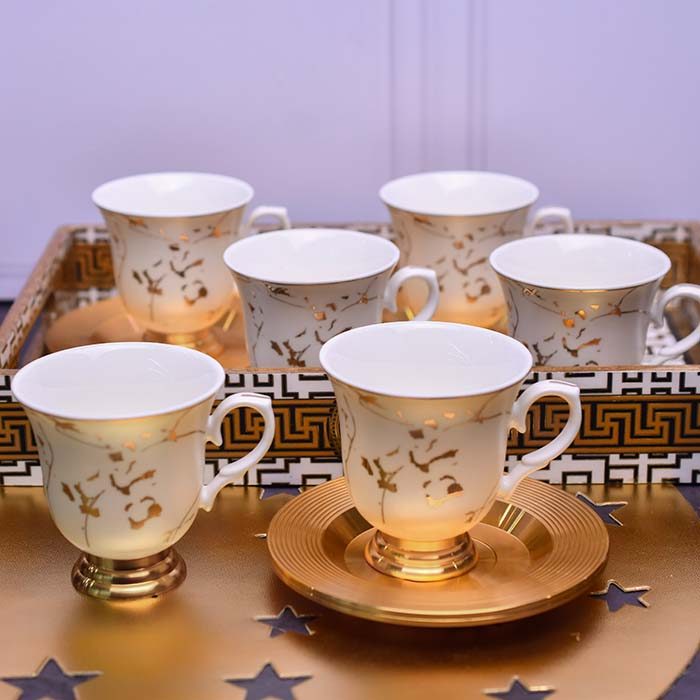 White Coffee Cup and Saucer Set | Features a gold line pattern | - photo 2
