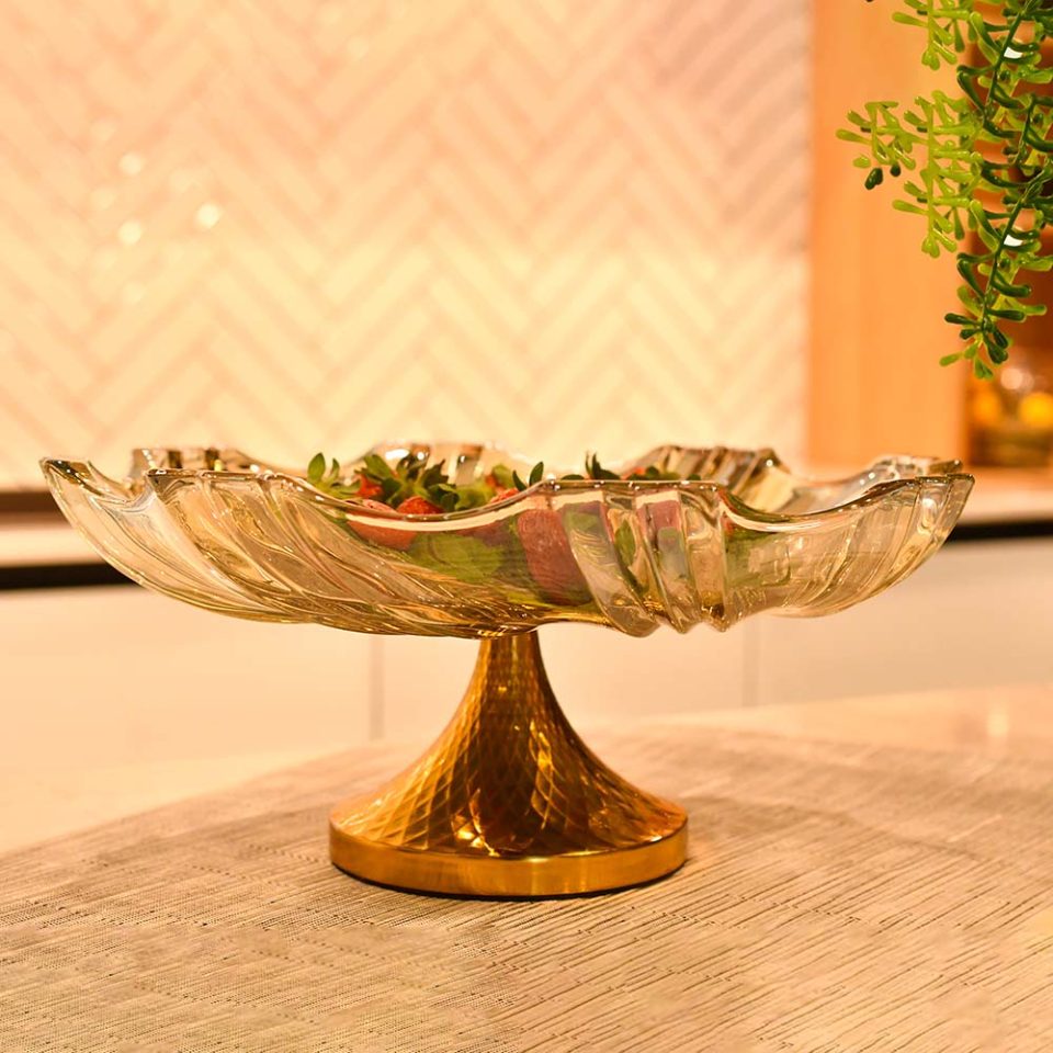 Fruit bowl crystal deep with gold tint and gold stand - photo 2
