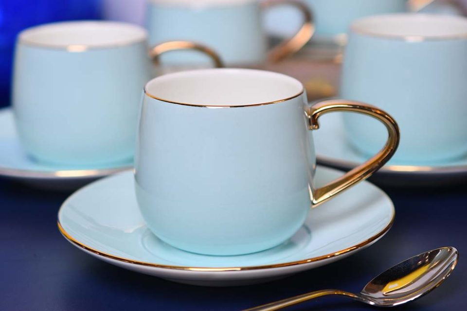 AQUATIC | Cup and saucer | Light blue | Gold handle | Set of 6 - photo 1