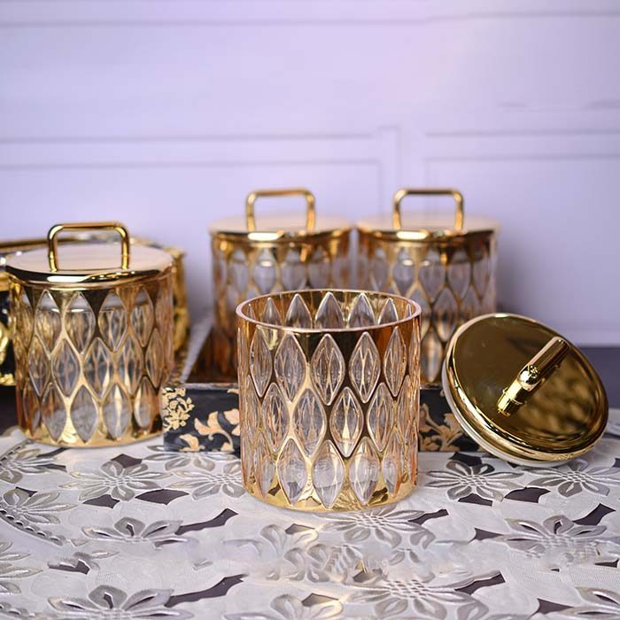 Acrylic Airtight food canister set of 5 with Designer tray Gold - photo 3