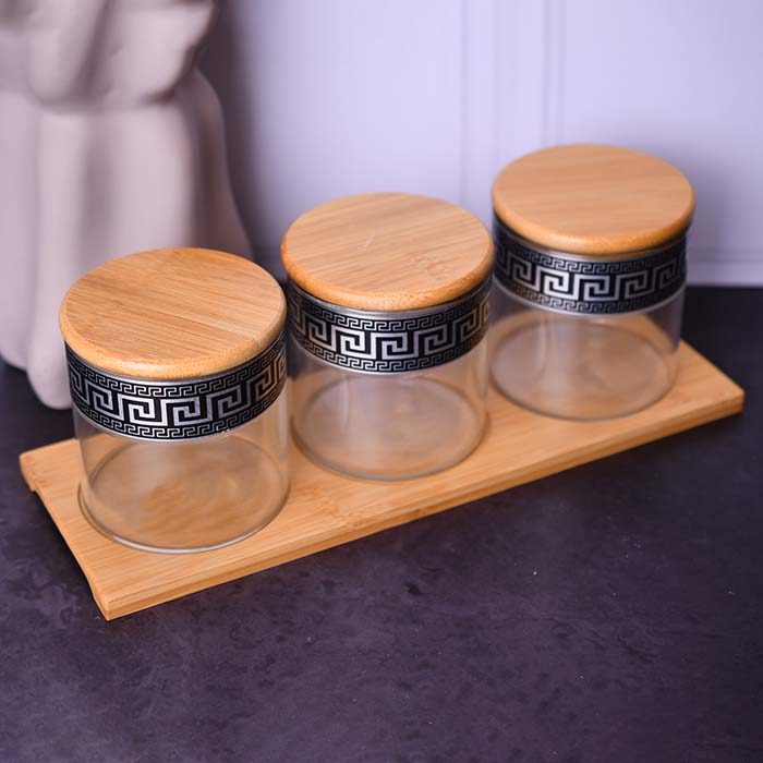 Glass jars Airtight set of 3 with Wooden tray Black decal - photo 1
