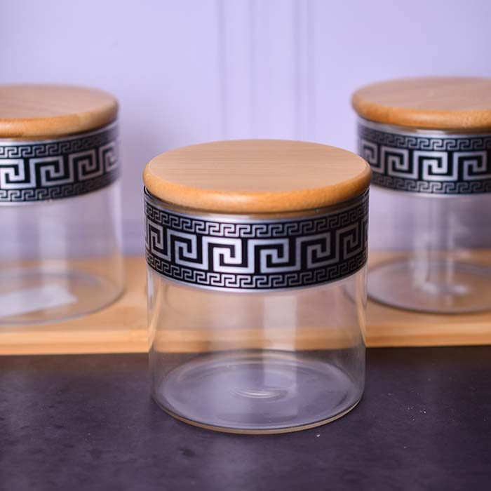 Glass jars Airtight set of 3 with Wooden tray Black decal - photo 2