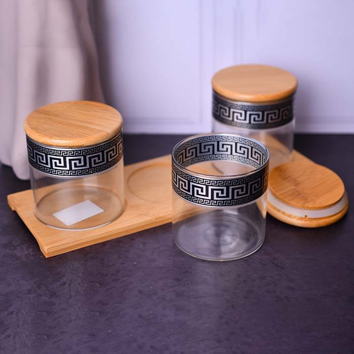 Glass jars Airtight set of 3 with Wooden tray Black decal - photo 4