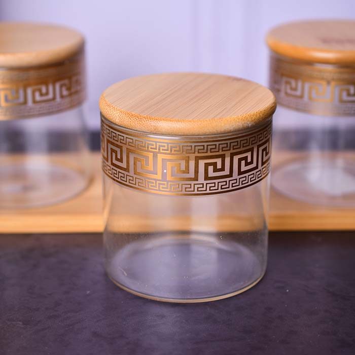 Glass jars Airtight set of 3 with Wooden tray Gold decal - photo 2