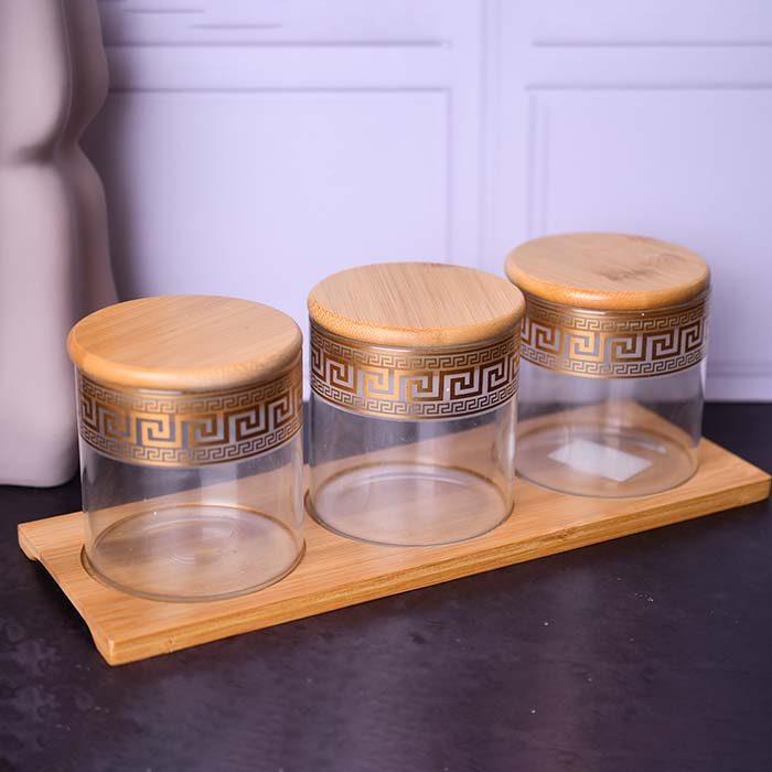 Glass jars Airtight set of 3 with Wooden tray Gold decal - photo 1