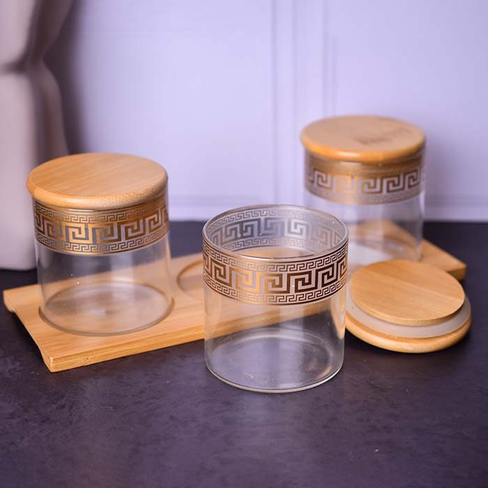 Glass jars Airtight set of 3 with Wooden tray Gold decal - photo 3