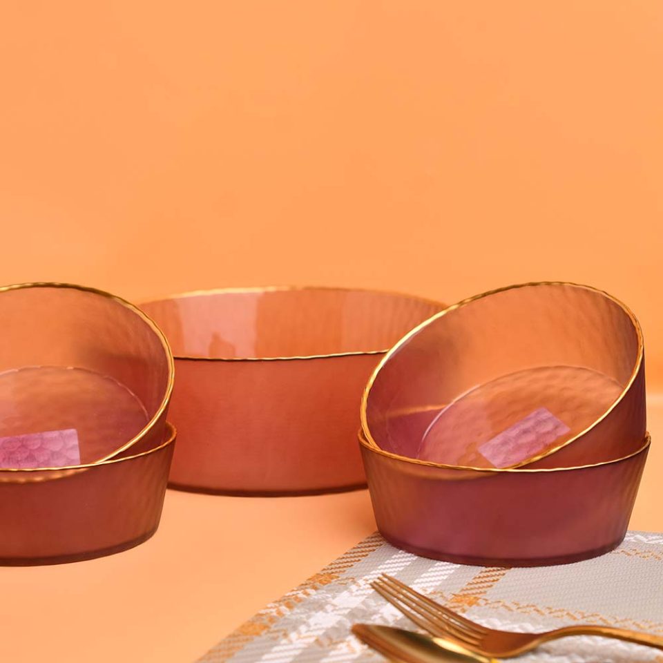 Glass bowl 7 PC set Light mulberry shade with gold rim - photo 1