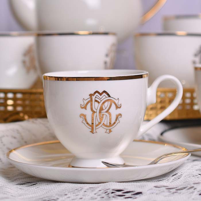 CUP AND SAUCER WHITE WITH LUXURY GOLD LOGO AND GOLD LINE | SET O - photo 1