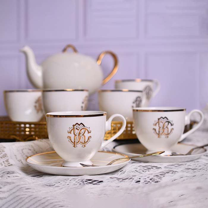 CUP AND SAUCER WHITE WITH LUXURY GOLD LOGO AND GOLD LINE | SET O - photo 2